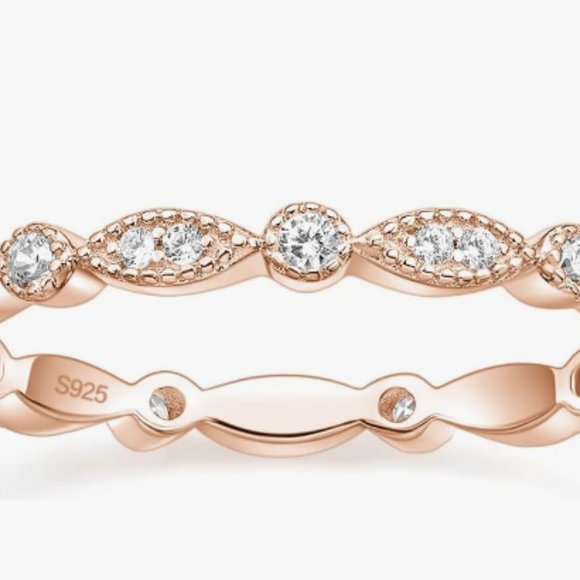 925 Silver Band Rose Gold Full Eternity Stackable Ring - Picture 2 of 4